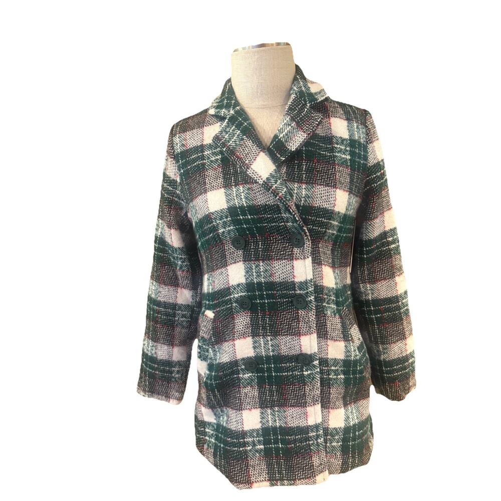 Aura Trench Coat Womens XS Green White Plaid 6 Button Double Breasted Notch Neck